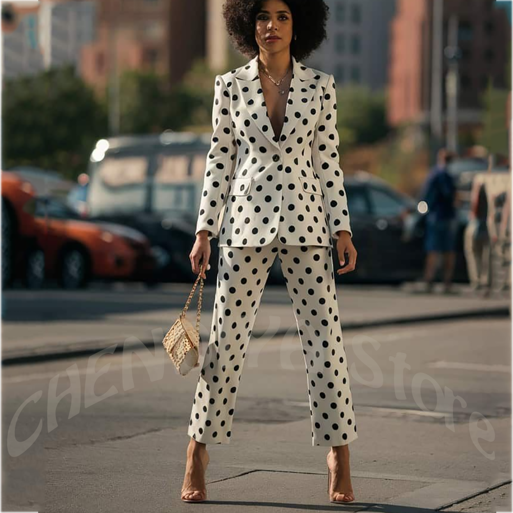 Women Formal Wear White Shirt - White Polka Dot Women's Suit 2