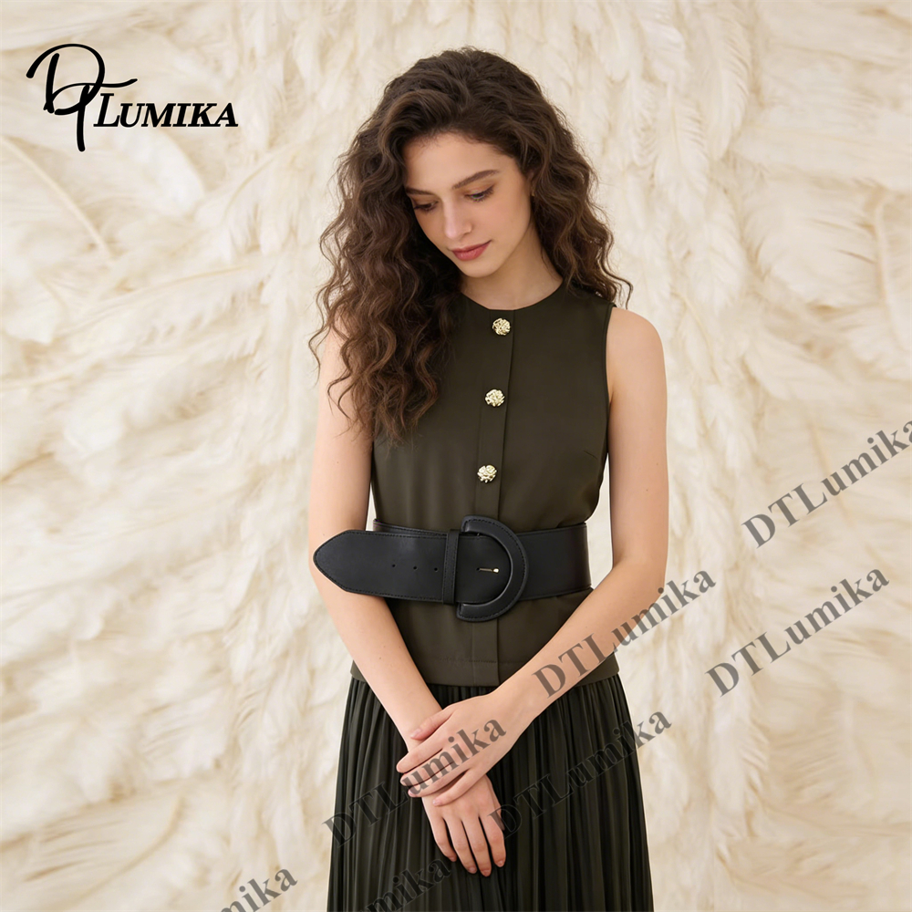 Women Formal Wear Belt - Women’s Olive Green Sleeveless Pleated Midi