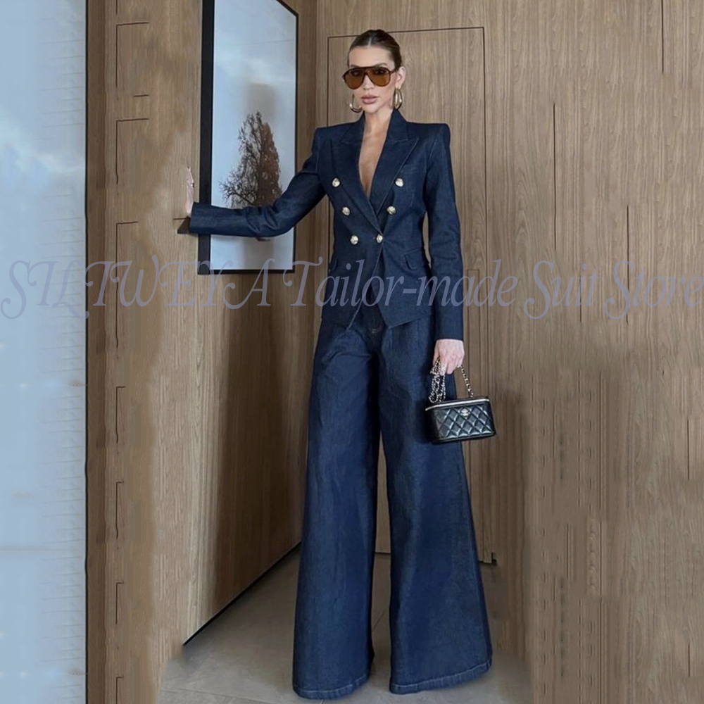 Women Formal Wear Outfits - Women Pant Suits Blue Denim 2