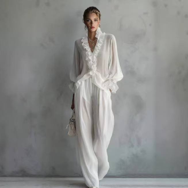 Woman Solid Ruffles Pants Set  - Women'S Formal Wear Blouse のレビューと価格