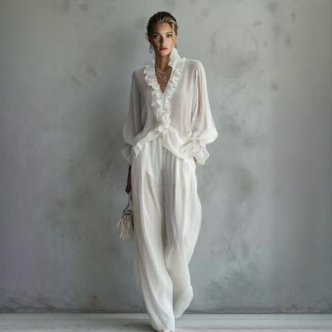 Woman Solid Ruffles Pants Set  - Women'S Formal Wear Blouse のレビューと価格