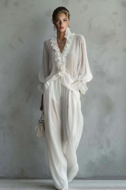 Woman Solid Ruffles Pants Set  - Women'S Formal Wear Blouse のレビューと価格