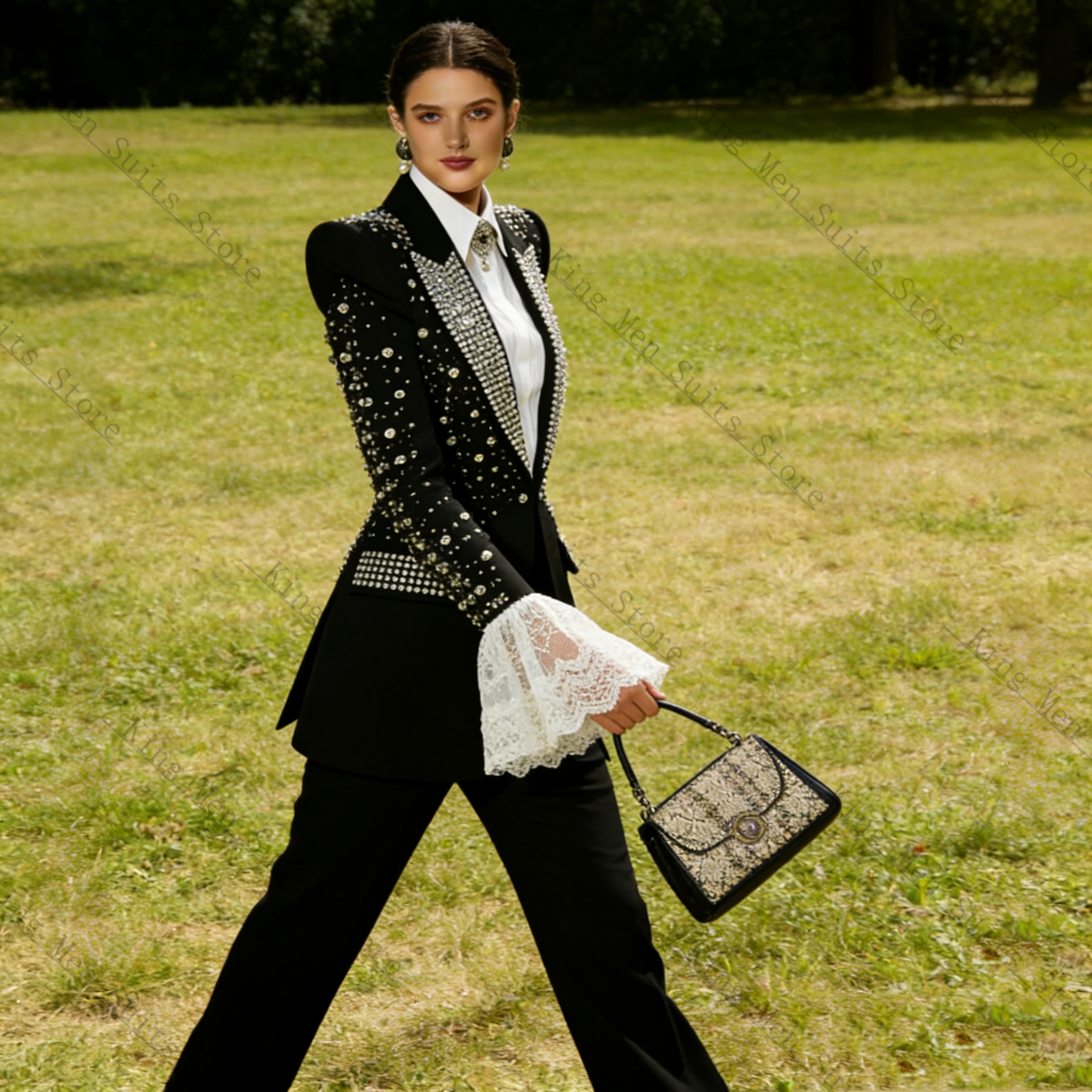 Crystals Black Women Suit Set  - Women Formal Wear Black のレビューと価格