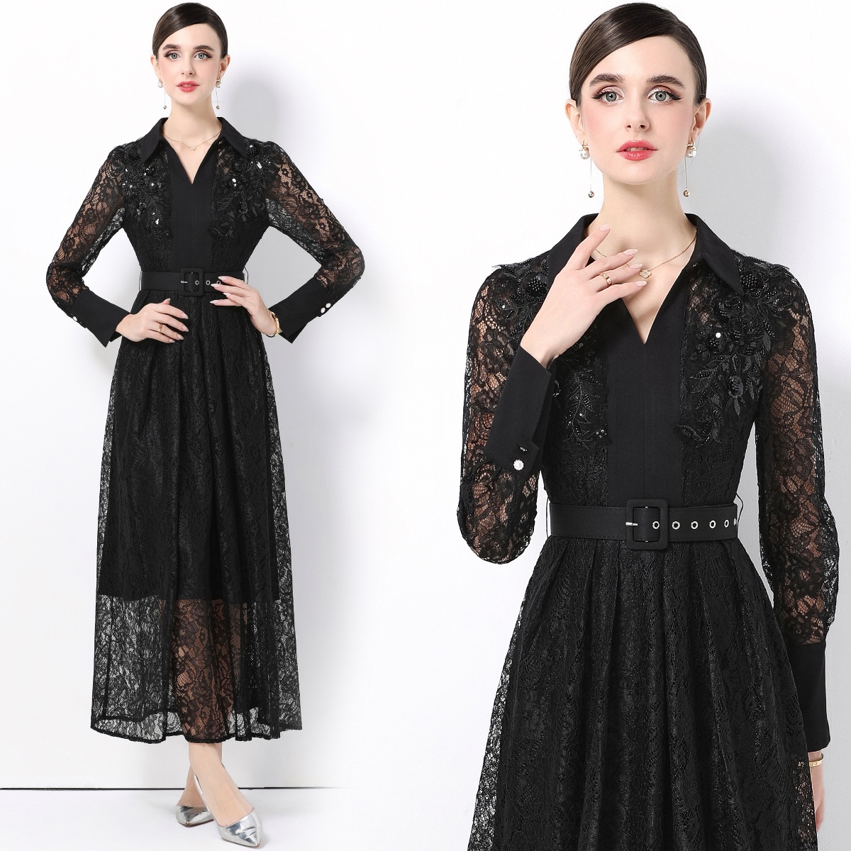 Elegant Long Sleeve Lace Dress - Women Formal Wear Belt のレビューと価格