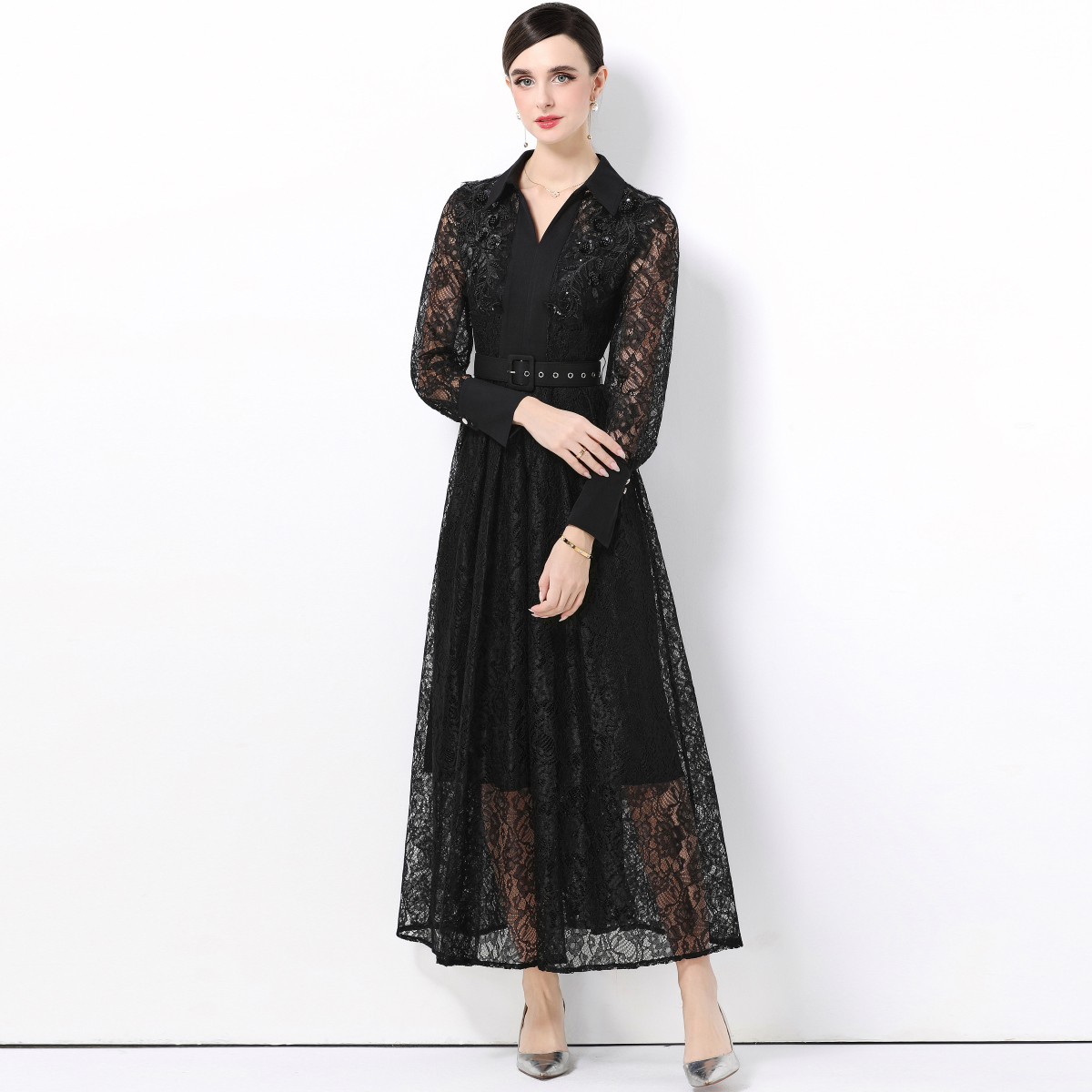 Elegant Long Sleeve Lace Dress - Women Formal Wear Belt のレビューと価格