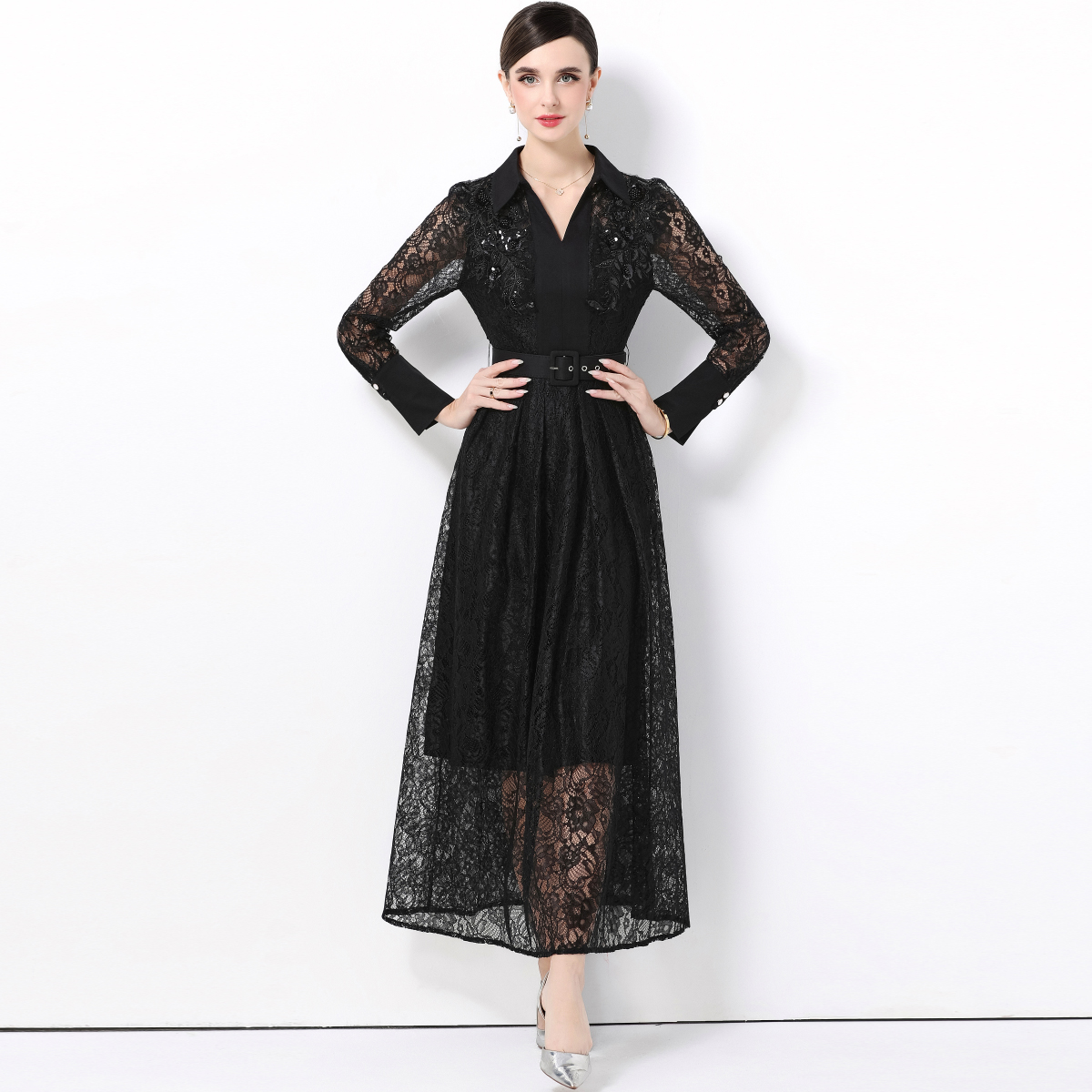 Elegant Long Sleeve Lace Dress - Women Formal Wear Belt のレビューと価格