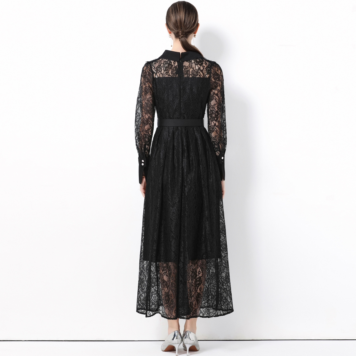 Elegant Long Sleeve Lace Dress - Women Formal Wear Belt のレビューと価格