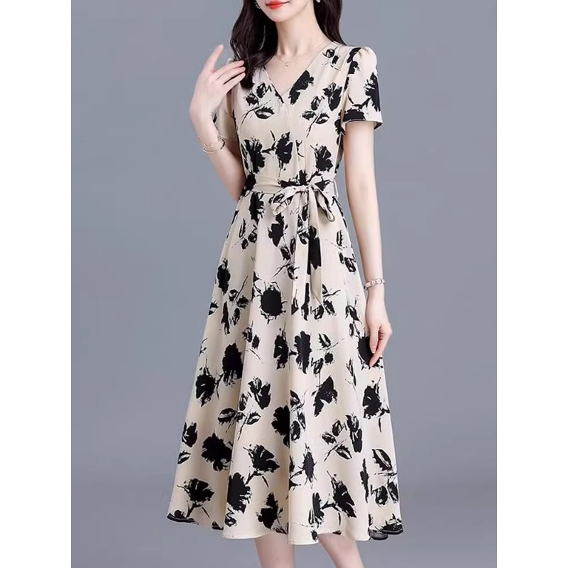 Elegant V-neck Short Sleeve Fl - Women Formal Wear Belt のレビューと価格