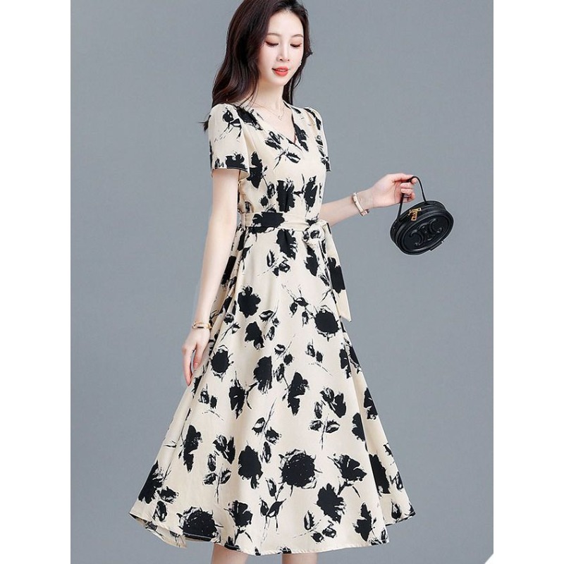Elegant V-neck Short Sleeve Fl - Women Formal Wear Belt のレビューと価格