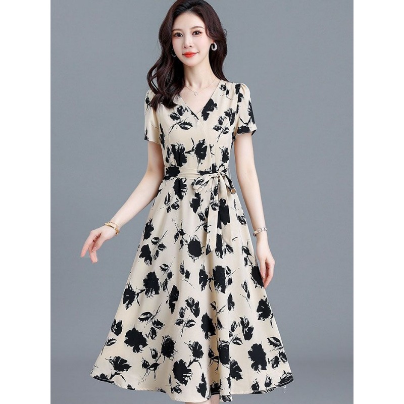 Elegant V-neck Short Sleeve Fl - Women Formal Wear Belt のレビューと価格