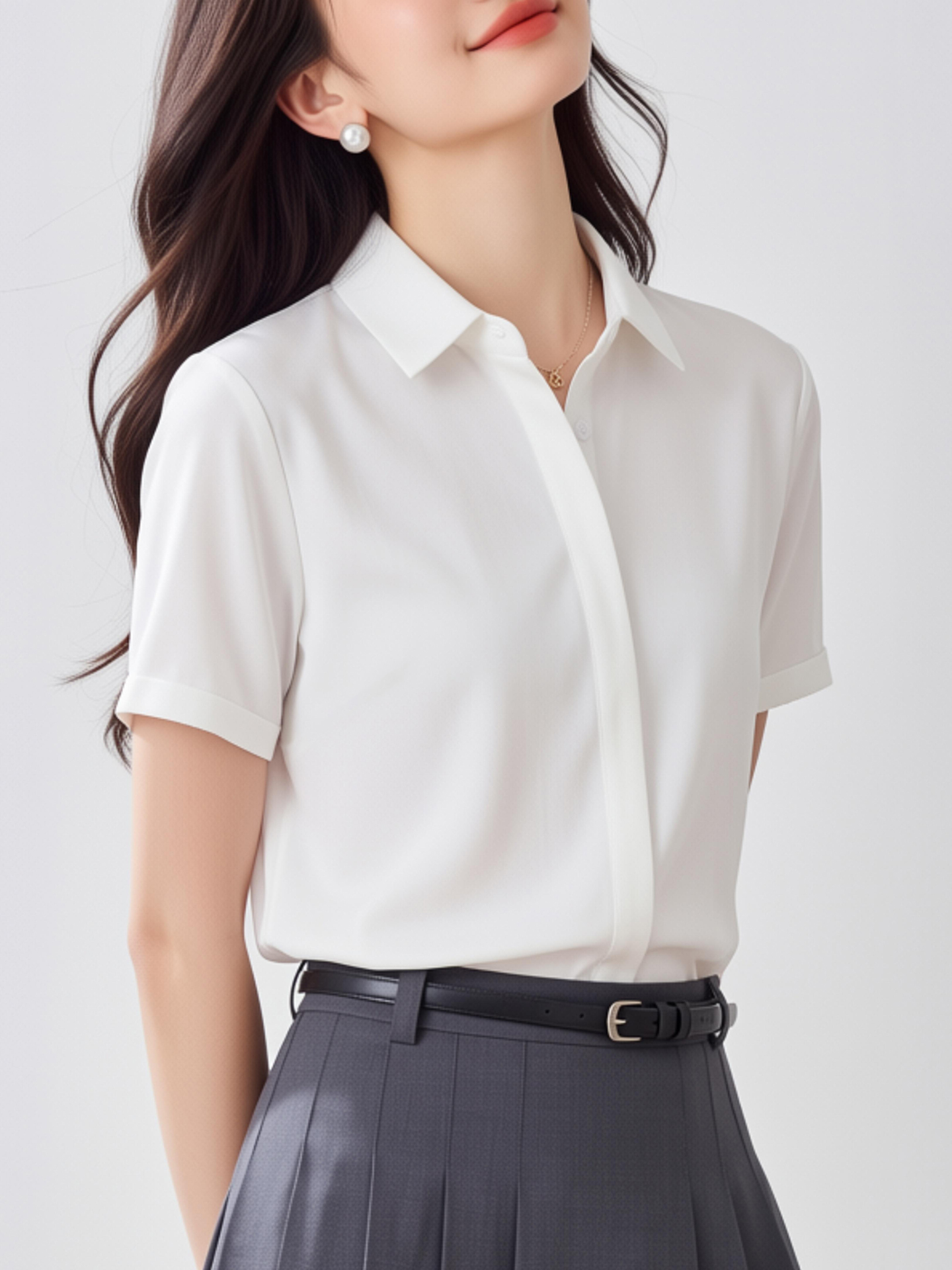 White V-Neck Short Sleeve Chif - Women Formal Wear White Shirt のレビューと価格
