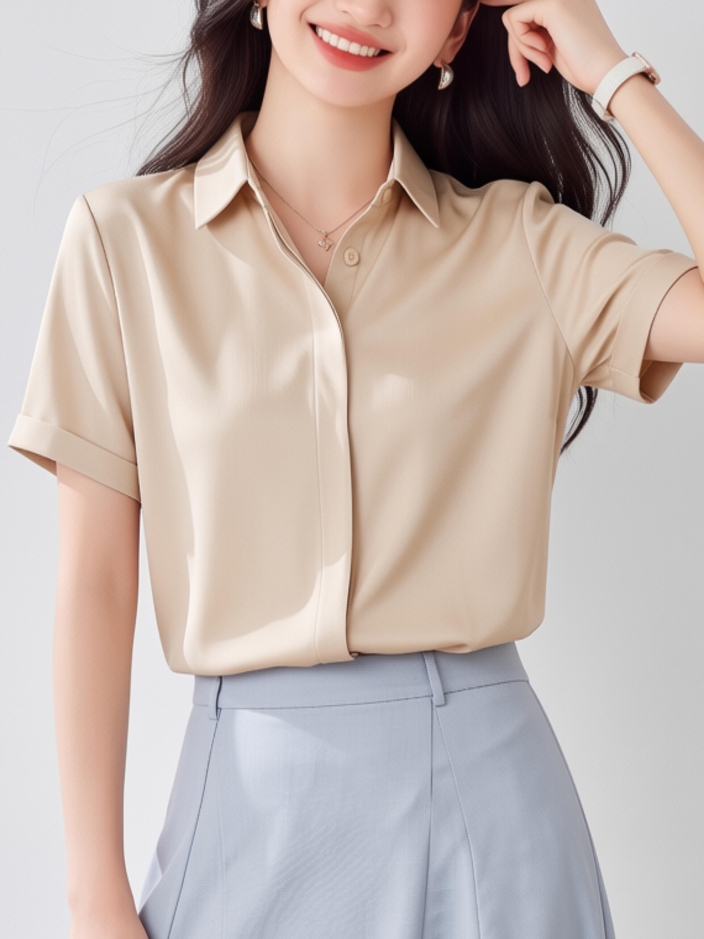 White V-Neck Short Sleeve Chif - Women Formal Wear White Shirt のレビューと価格