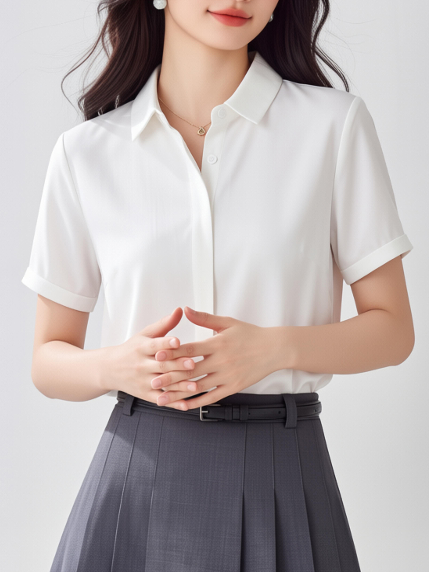 White V-Neck Short Sleeve Chif - Women Formal Wear White Shirt のレビューと価格